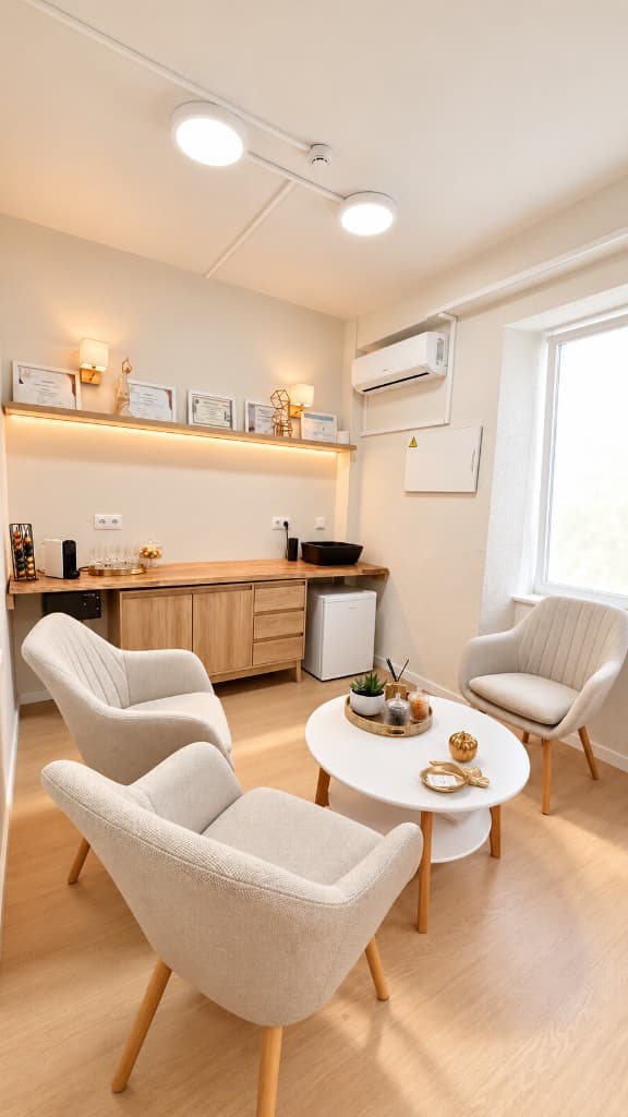 Sala de espera do Espaço NURE, com cadeiras, mesa e luz suave